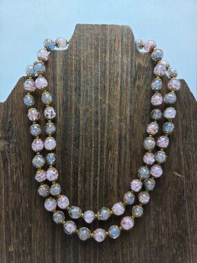 60's Glass Beaded Necklace Double Strand Gold Tone Flower Clasp Statement VTG